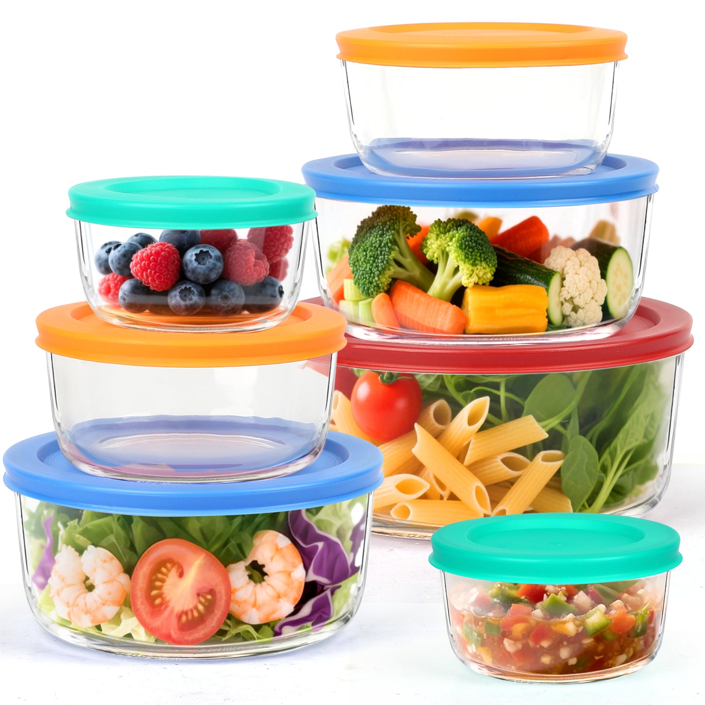14 Pcs Glass Food Storage Containers Set - 7, 4, 2 & 1-Cup Round Containers with Lids, BPA-Free, Dishwasher & Microwave Safe Lunch Box