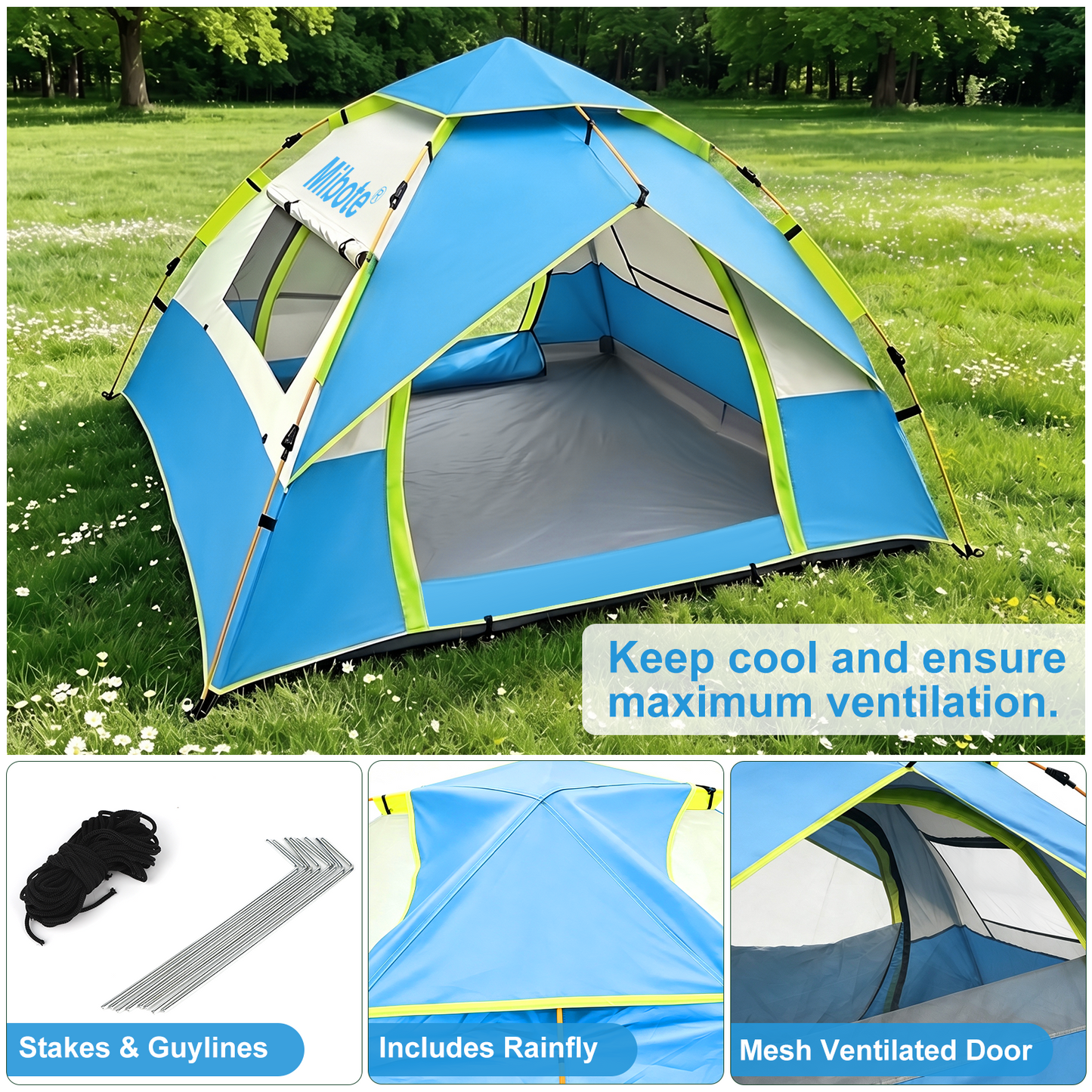 Mibote 2-4Person Camping Tent,Auto Setup Pop Up Tent,Waterproof,Huge Door & Windows for Camping,Hiking,Travel,Blue