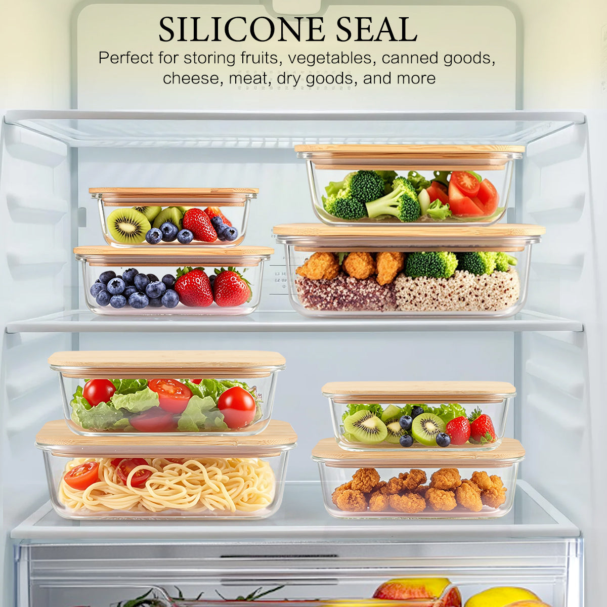 8 Pcs Glass Food Storage Containers with Bamboo Lids, Meal Prep Glass Containers Bento Lunch Box, Safe for Microwave, Oven, Freezer and Dishwasher, BPA Free
