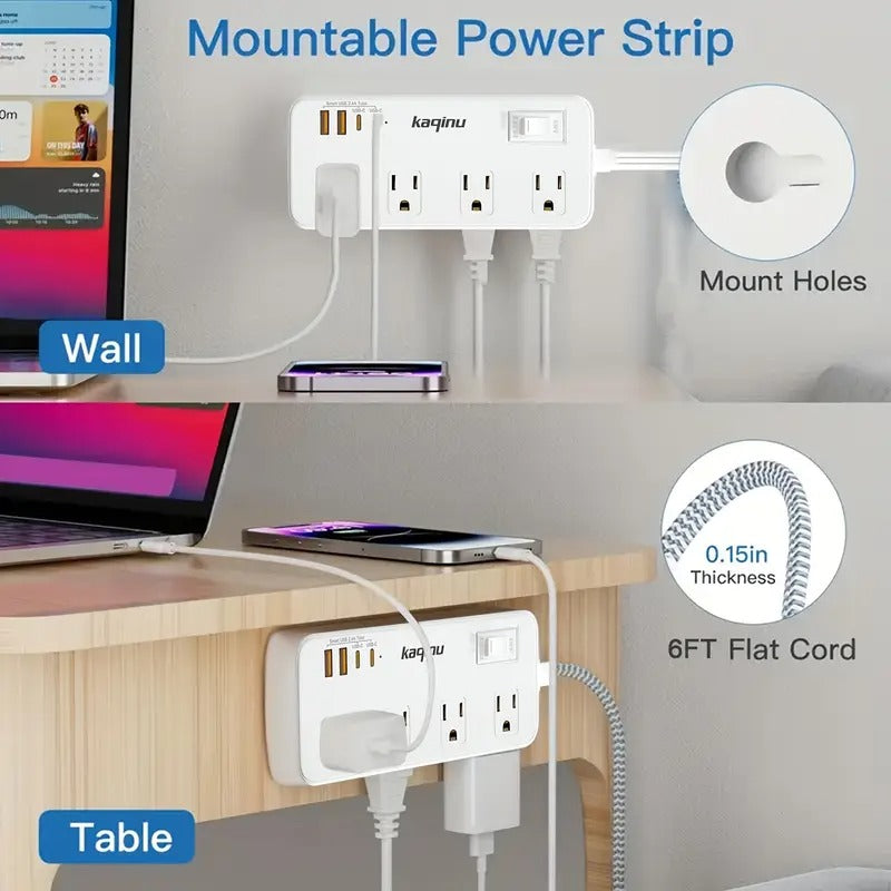 Power Strip Surge Protector, 6ft Flat Extension Cord with 4 USB Wall Charger(2 USB C Port), 8 Widely-Spaced Outlets Power Strip Compact for Travel, Office, Dorm Room Essentials