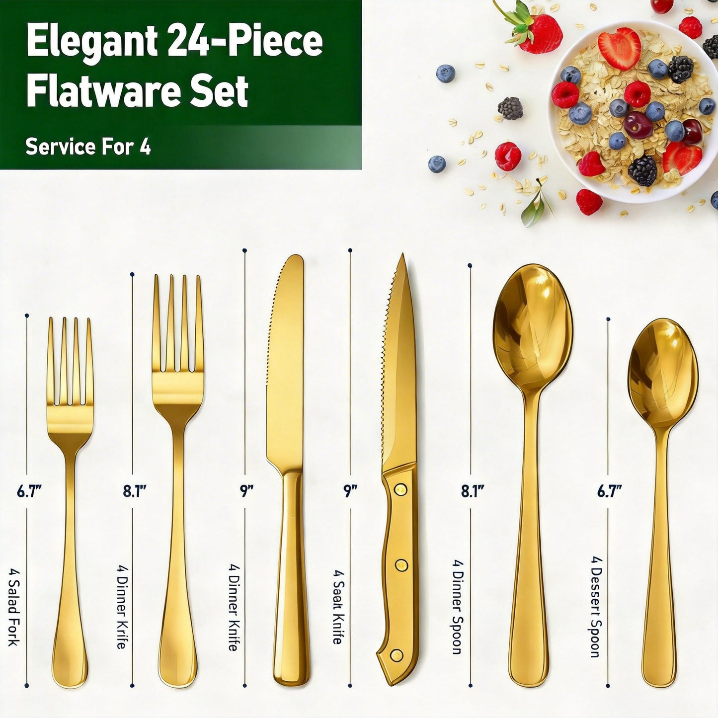 24 Pcs Gold Silverware Set with Steak Knives, Stainless Steel Flatware Cutlery Set Service for 4, Kitchen Tableware Set, Utensil Set for Home and Restaurant, Knives Forks Spoon Set, Dishwasher Safe