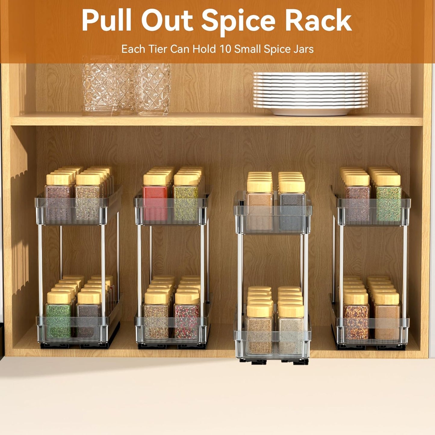 3 Pack Pull Out Spice Rack Organizer for Cabinet, 2 Tier Slide Out Spice Racks Organizer, Spice Cabinet Organizers, Cabinet Size Need:12'' High x 11'' Deep x 5'' Wide, Clear Acrylic
