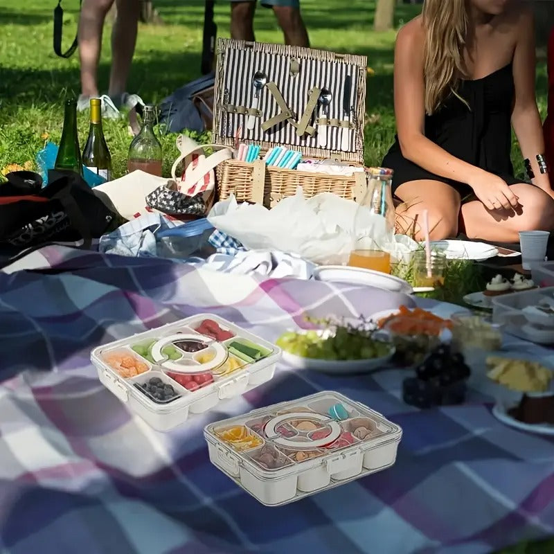 Snackle Box Container, 8 Compartment Divided Serving Tray with Lid and Handle, Portable Snack Tray and Serving Platter for Party, Picnic, Perfect for Fruit, Candy and Treats