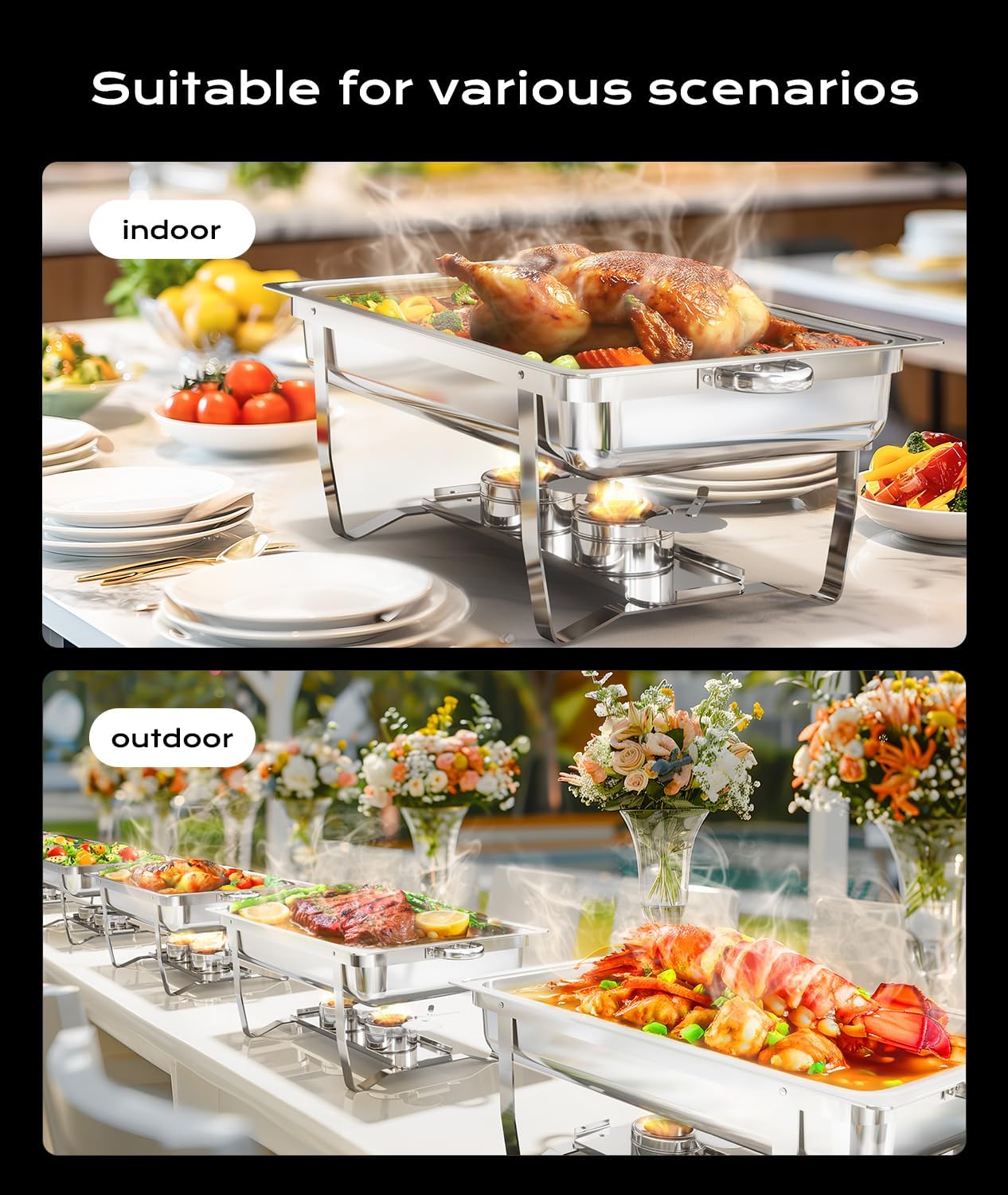 Chafing Dish Buffet Warmers Set, AOKIWO 3 Packs Full Pans 9QT Stainless Steel Chafing Dishes for Buffet, Roll Edge Mirrored Food Warmer Sets for Parties, Events, Wedding, Camping, Dinner