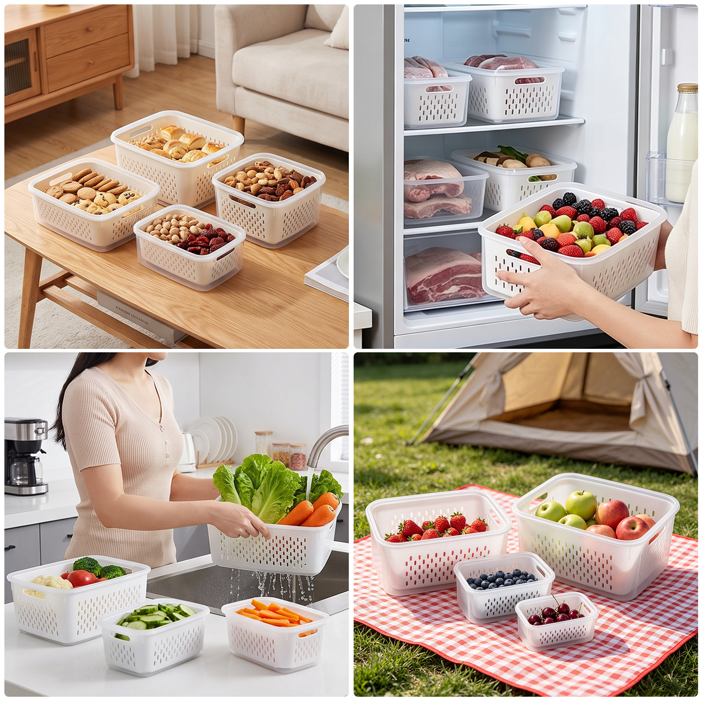 4 Pack Fruit Storage Containers for Fridge with Removable Colanders and Lids, 4 in 1 Leakproof Fridge Organizer Bins for Salad Berry Lettuce Vegetables Meat Keeper Fresh