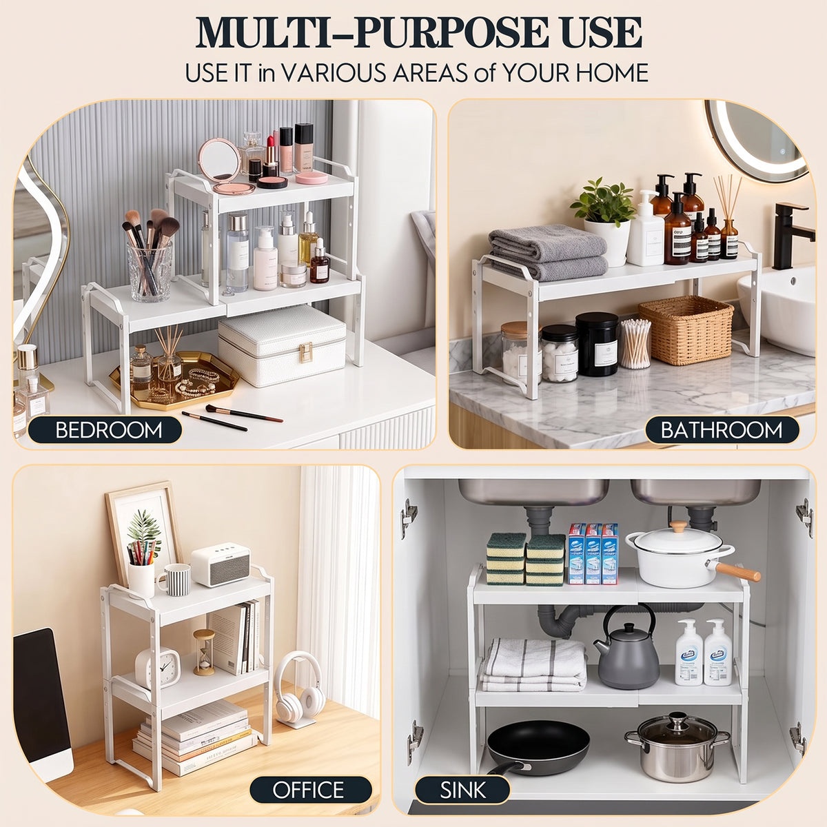2 Pack Expandable Cabinet Organizer Shelves, Stackable Kitchen Countertop and Pantry Storage, Adjustable Cupboard Shelf Rack, Length 20.5"