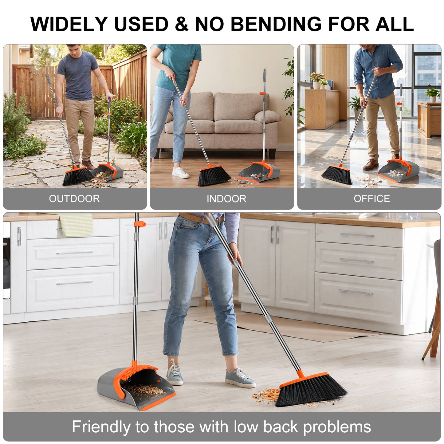 Upgrade Broom and Dustpan Set, TAIMASI Broom with Dustpan Combo with 52" Long Adjustable Handle, Ideal for Indoor Outdoor Garage Kitchen Room Office Lobby (Gray&Orange)
