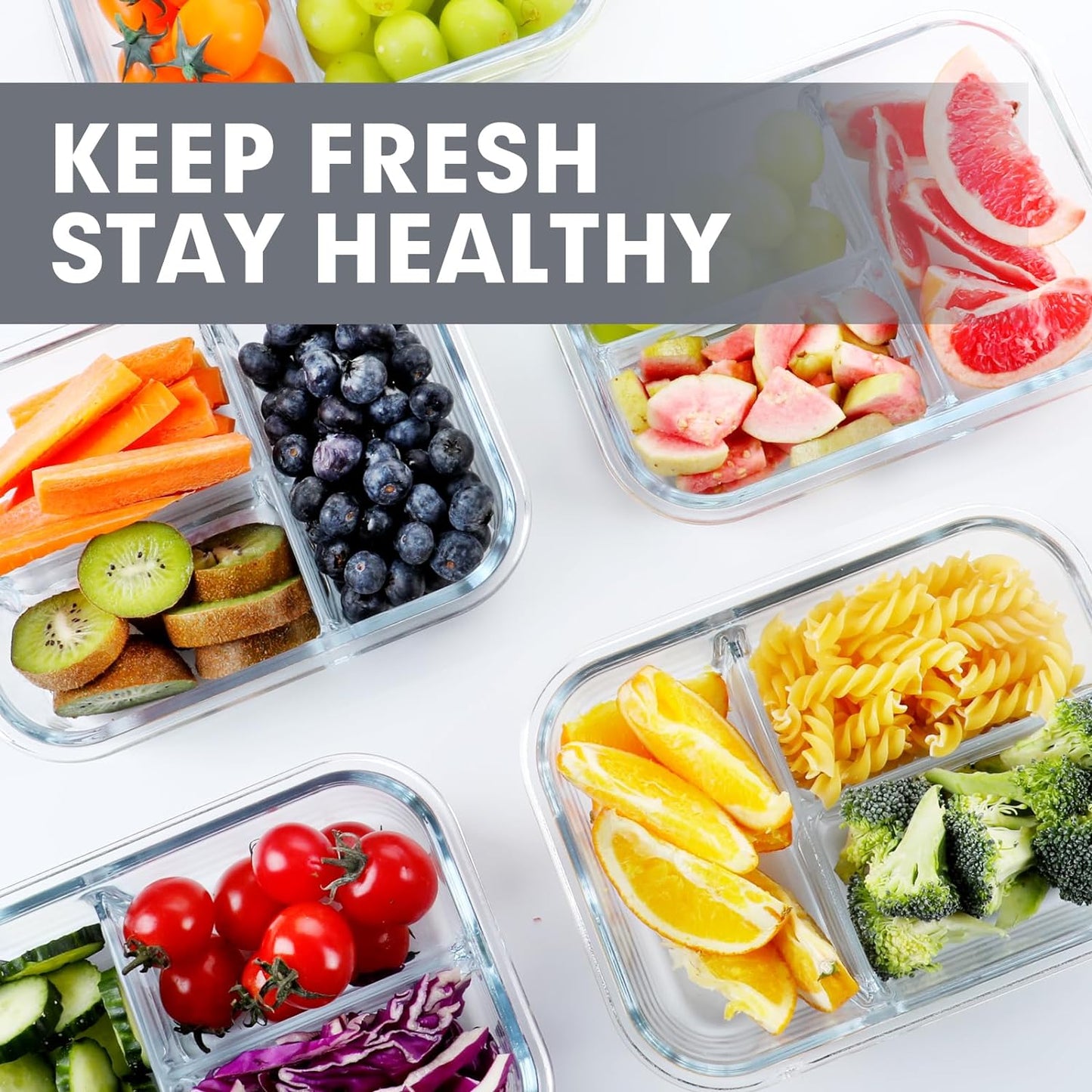 8 Pcs Glass Food Storage Containers with Lids, 2 & 3 Compartment Glass Airtight Meal Prep Containers, Oven & Freezer Safe, Kitchen Pantry Organizers and Storage, Leak Proof - Grey