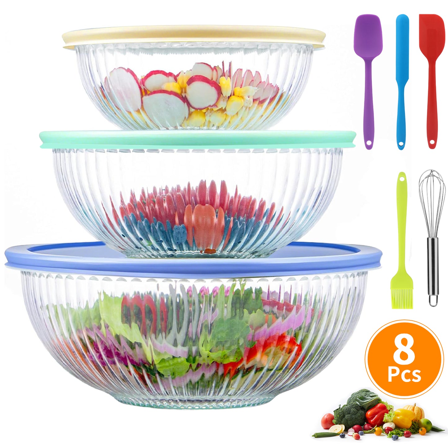 3-Pack Glass Mixing Bowls (1.2 QT, 2.3 QT, 3.6 QT) with Glass Mixing Bowls Set, AOKIWO 8 Pack 3 Size Glass Nesting Mixing Bowl with BPA-Free Lids & Baking Tools, Kitchen Storage Bowls for Prep, Baking, Serving
