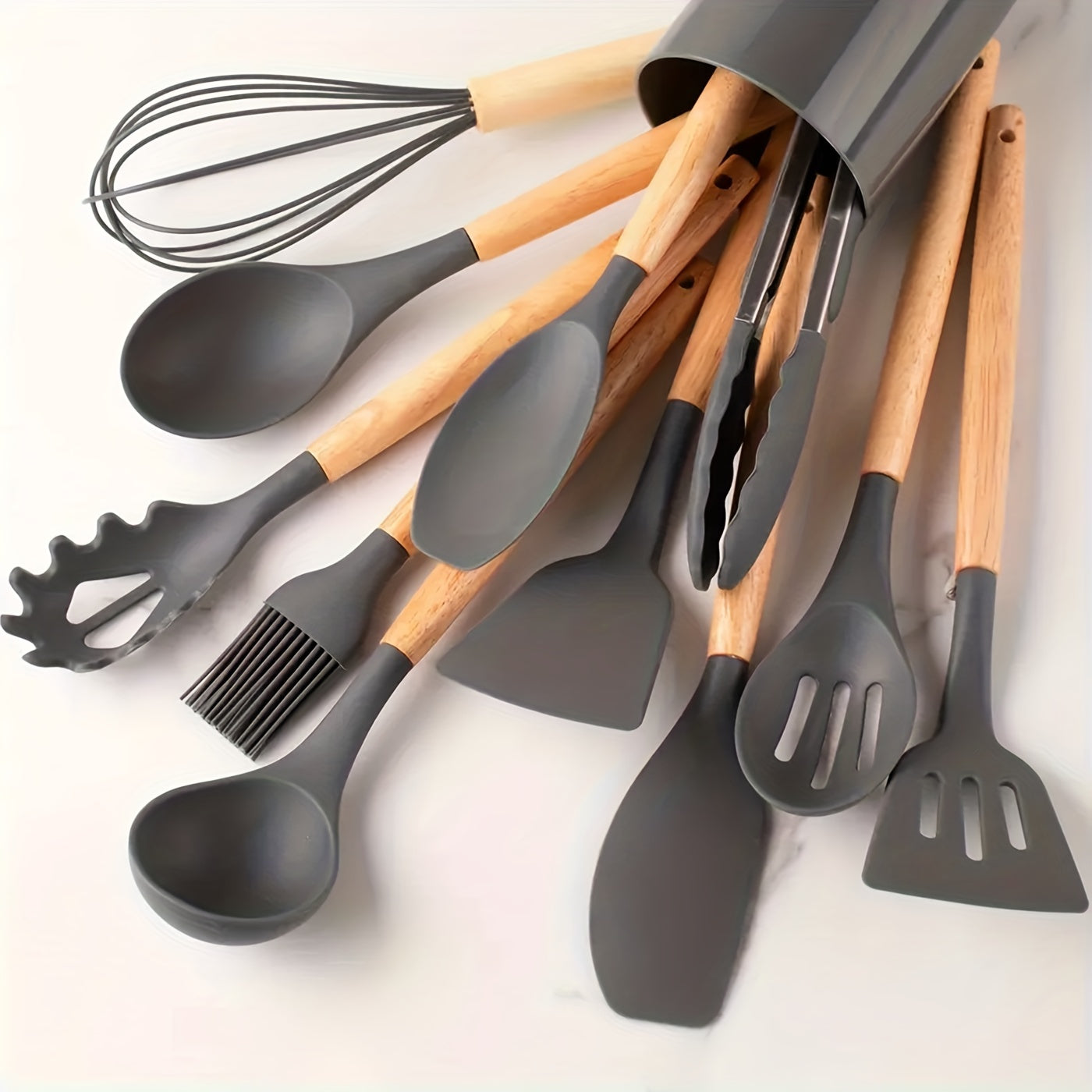 12 Pcs Silicone Kitchen Utensil Set with Wooden Handles - Non-Stick, Easy to Clean, No Electricity Needed - Ideal for Cooking, Baking, Dorms