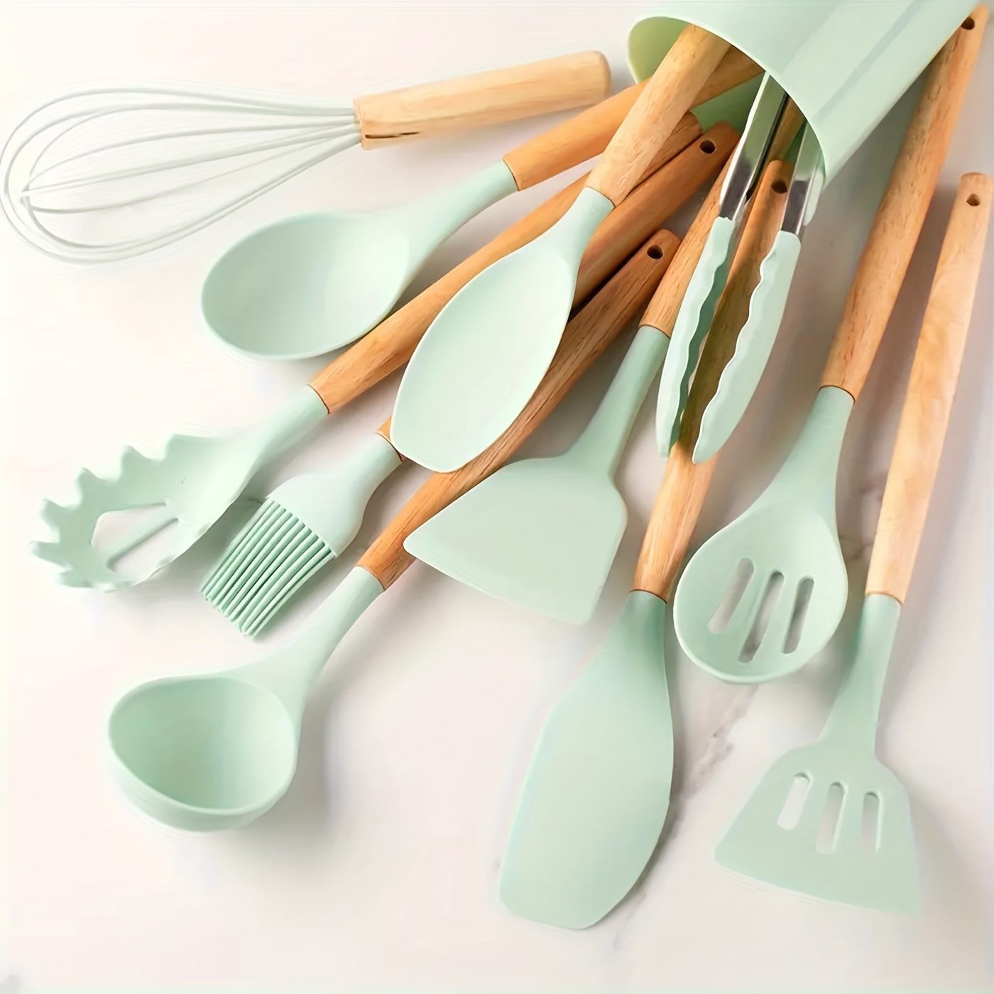 12 Pcs Silicone Kitchen Utensil Set with Wooden Handles - Non-Stick, Easy to Clean, No Electricity Needed - Ideal for Cooking, Baking, Dorms