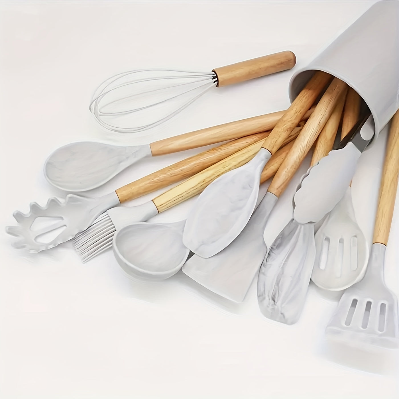 12 Pcs Silicone Kitchen Utensil Set with Wooden Handles - Non-Stick, Easy to Clean, No Electricity Needed - Ideal for Cooking, Baking, Dorms