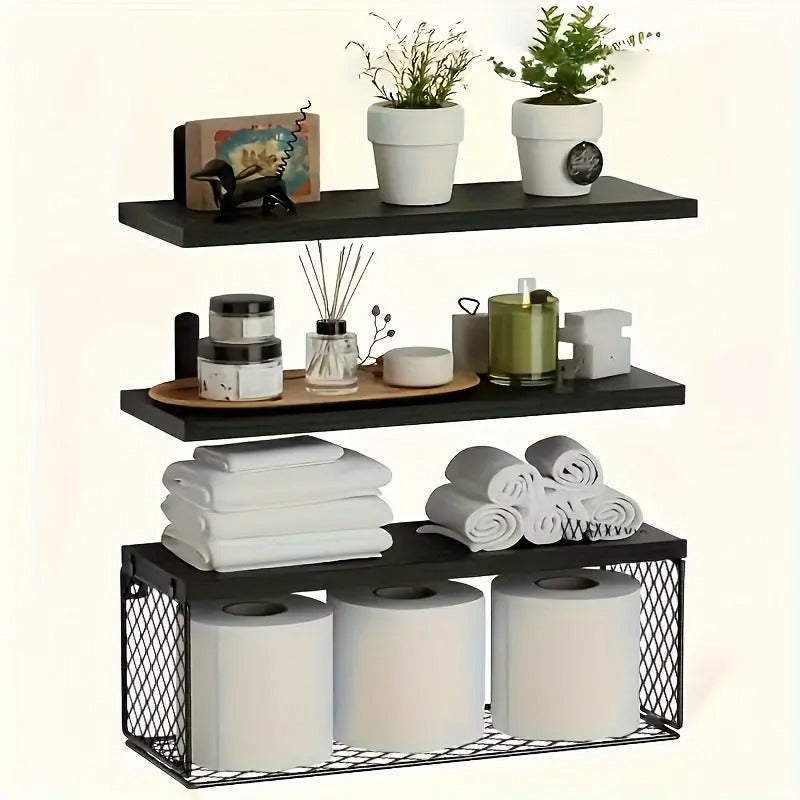 Bathroom Shelf Over Toilet, Bathroom Floating Shelves Wall Mounted with Wire Basket, Floating Shelf for Wall Decor - Rustic Brown
