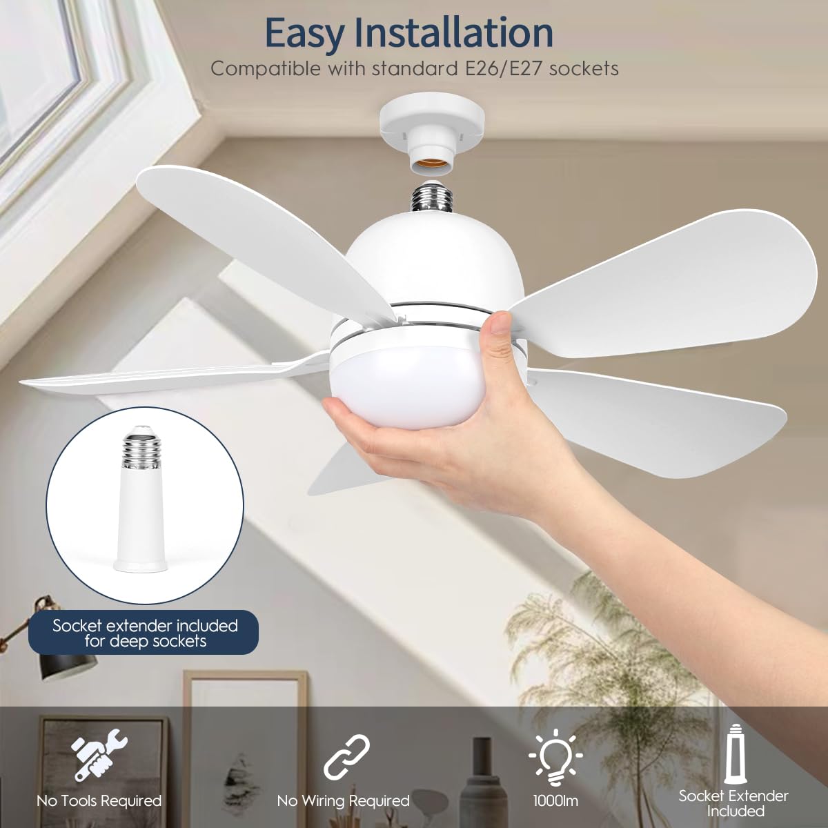 Socket Fan Light 19Inch, Dimmable Small Ceiling Fan with Light and Remote