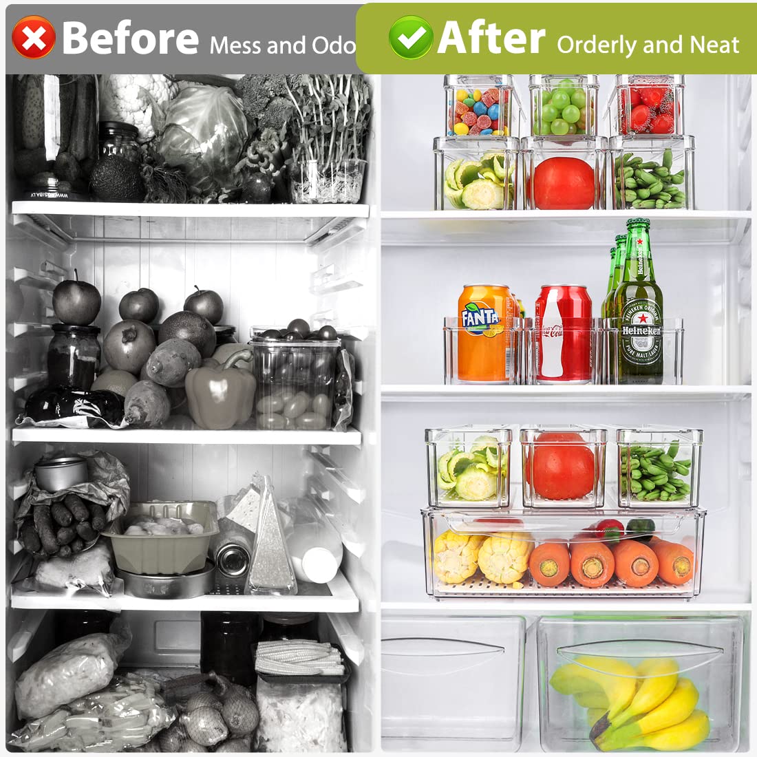 10 Pack Refrigerator Pantry Organizer Bins, Stackable Fridge Bins with Lids, Clear Plastic for Kitchen