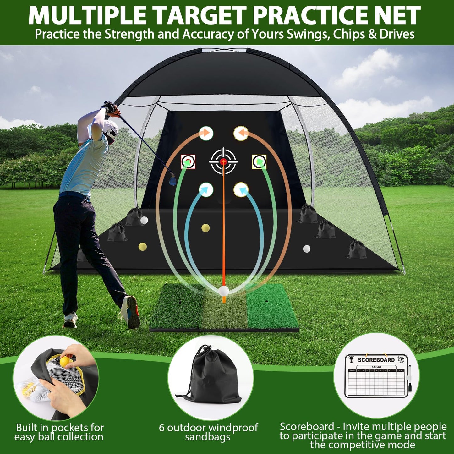 Golf Net, 10x7 Ft Golf Practice Net for Backyard with Tri-Turf Mat, Ball, Tee, and Carry Bag, All-in-One Multi-Target Training Aid for Outdoor/Indoor Chipping & Driving, Golf Hitting Aid Nets Gift