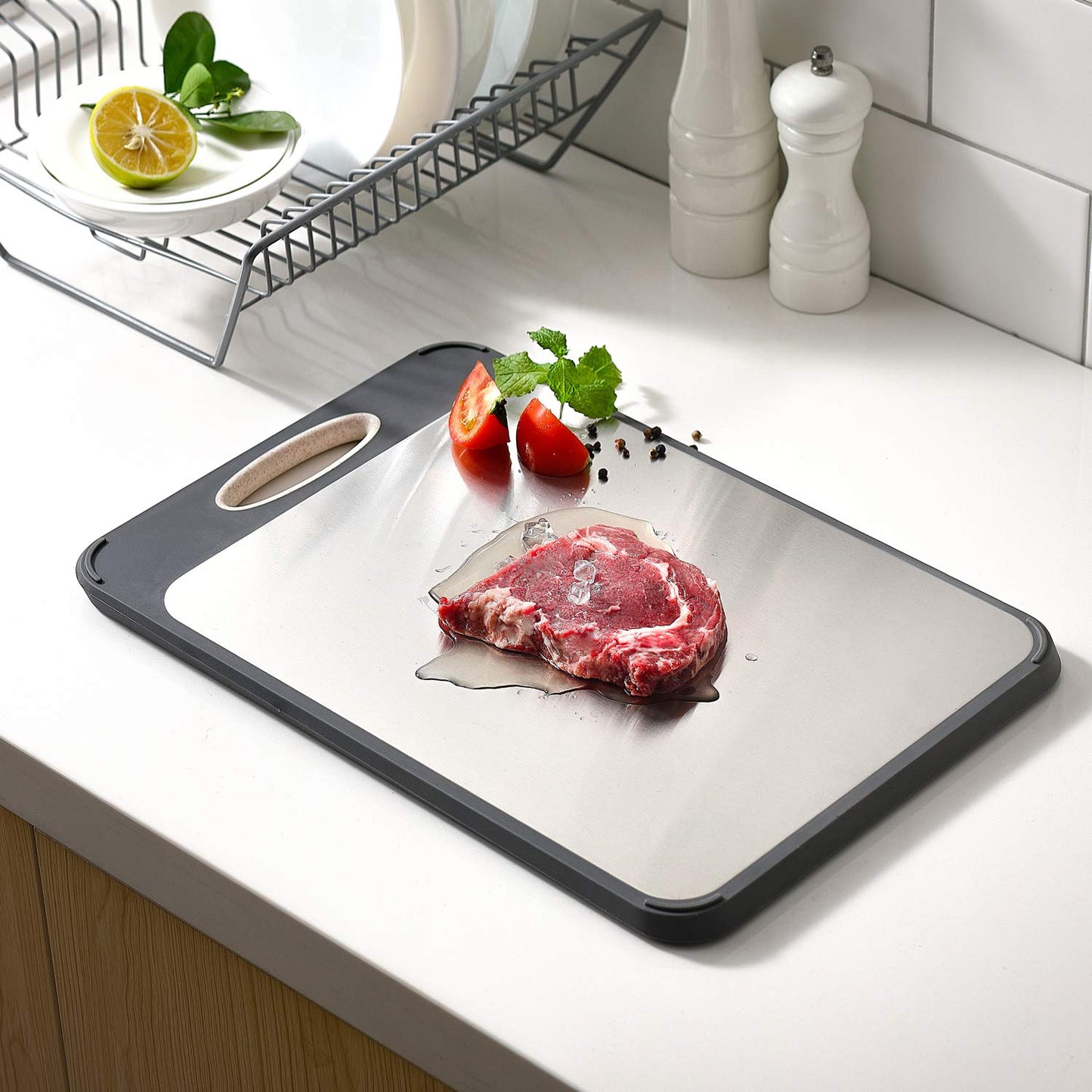 Cutting Board Double Sided, AOKIWO 304 Stainless Steel Cutting Board for Kitchen, Large Size 16'' ×11'' Non Toxic Chopping Board, Food-Grade, Stainless Steel and Wheat Straw PP