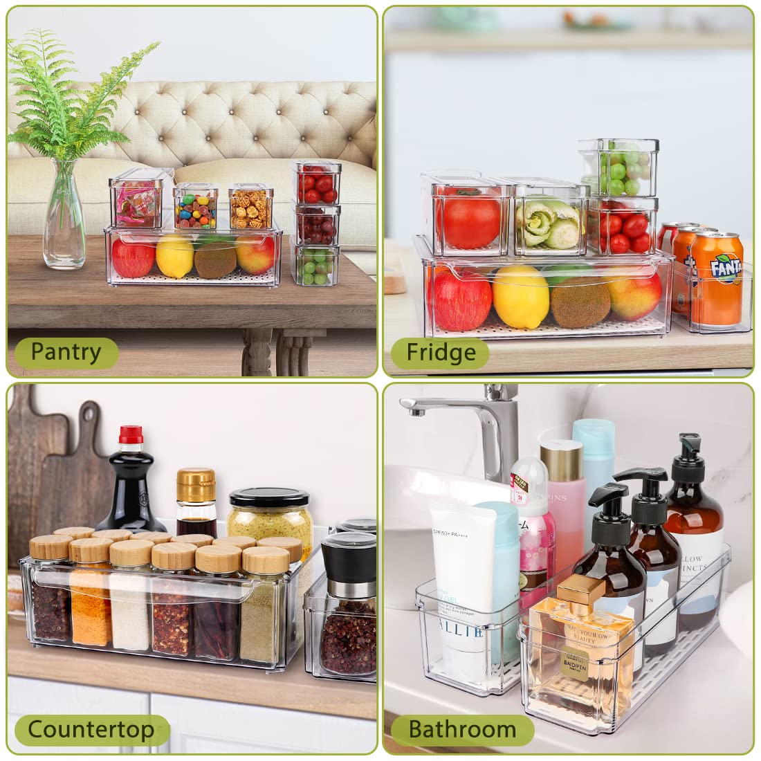 10 Pack Refrigerator Pantry Organizer Bins, Stackable Fridge Bins with Lids, Clear Plastic for Kitchen