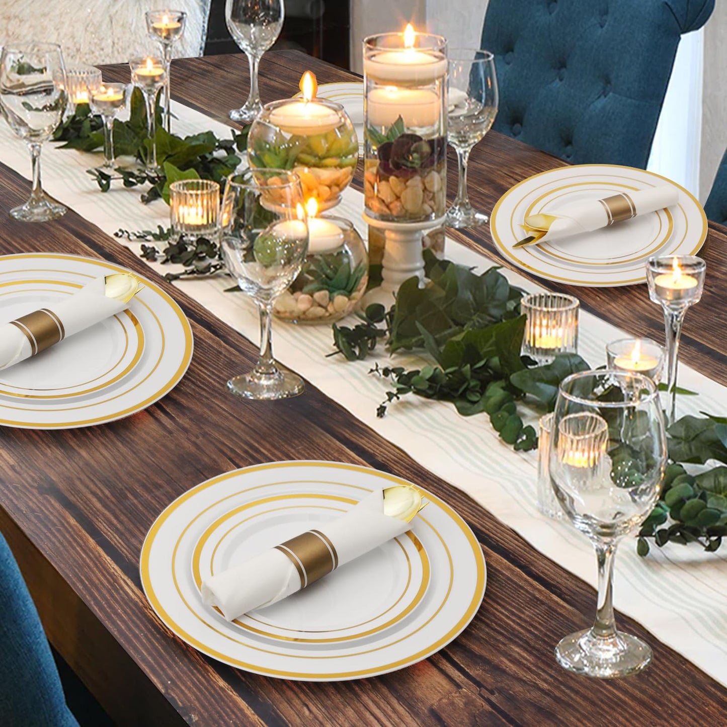 175 Piece Gold Dinnerware Set for 25 Guests, Plastic Plates Disposable for Party, Include: 25 Gold Rim Dinner Plates, 25 Dessert Plates, 25 Paper Napkins, 25 Cups, 25 Gold Silverware Set