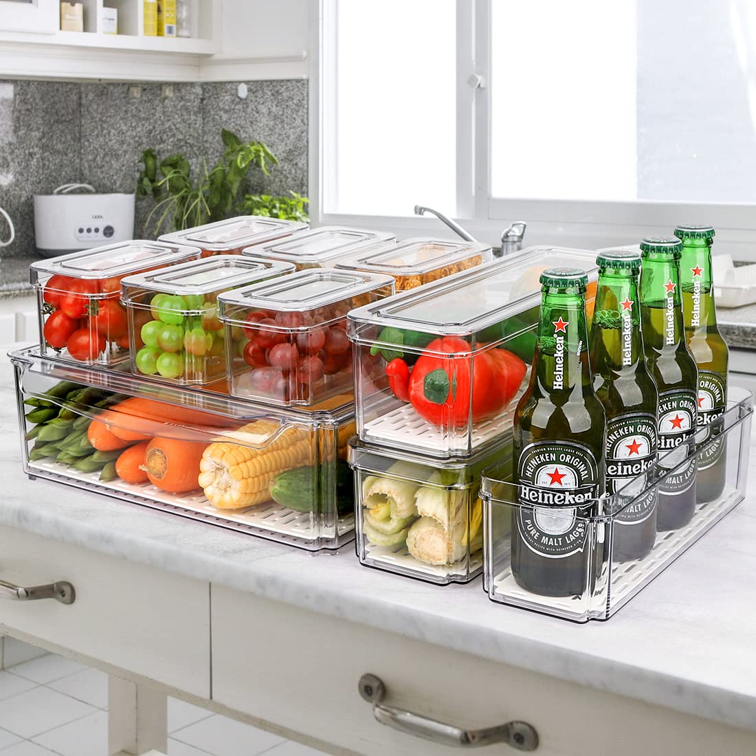 10 Pack Refrigerator Pantry Organizer Bins, Stackable Fridge Bins with Lids, Clear Plastic for Kitchen