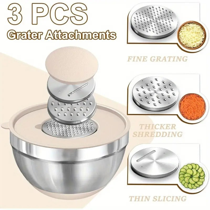 Mixing Bowls with Airtight Lids, AOKIWO 8 PCS Stainless Steel Bowls Set with 3 Grater Attachments, Metal Nesting Bowls with Non-Slip Bottoms, Size 5, 4, 3.5, 2, 1.5 QT for Cooking, Baking, Khaki