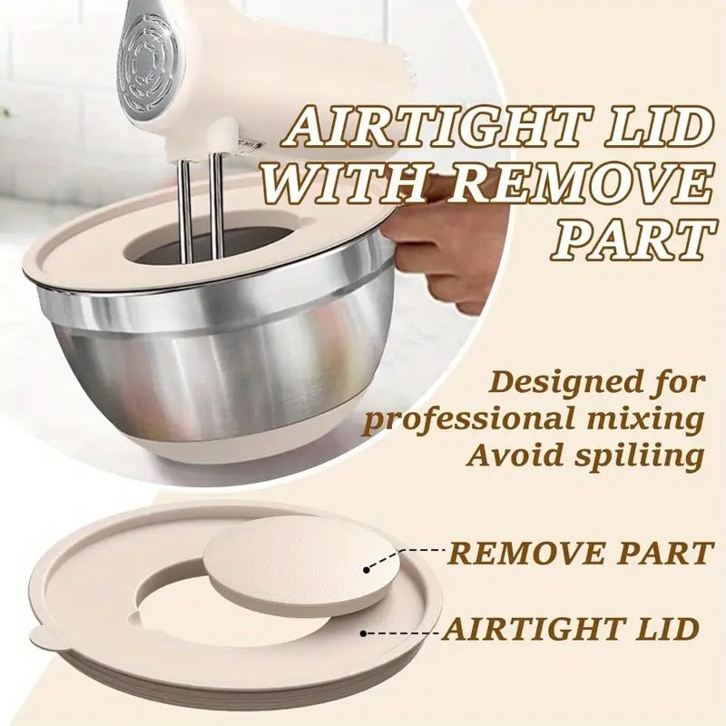 Mixing Bowls with Airtight Lids, AOKIWO 8 PCS Stainless Steel Bowls Set with 3 Grater Attachments, Metal Nesting Bowls with Non-Slip Bottoms, Size 5, 4, 3.5, 2, 1.5 QT for Cooking, Baking, Khaki