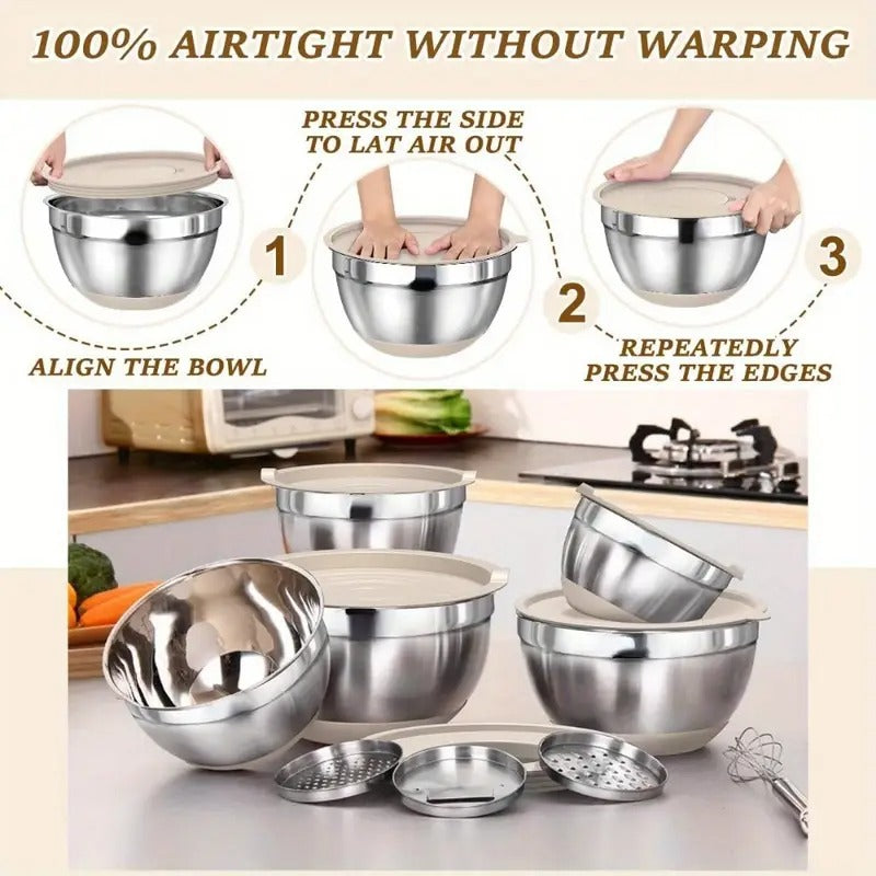 Mixing Bowls with Airtight Lids, AOKIWO 8 PCS Stainless Steel Bowls Set with 3 Grater Attachments, Metal Nesting Bowls with Non-Slip Bottoms, Size 5, 4, 3.5, 2, 1.5 QT for Cooking, Baking, Khaki