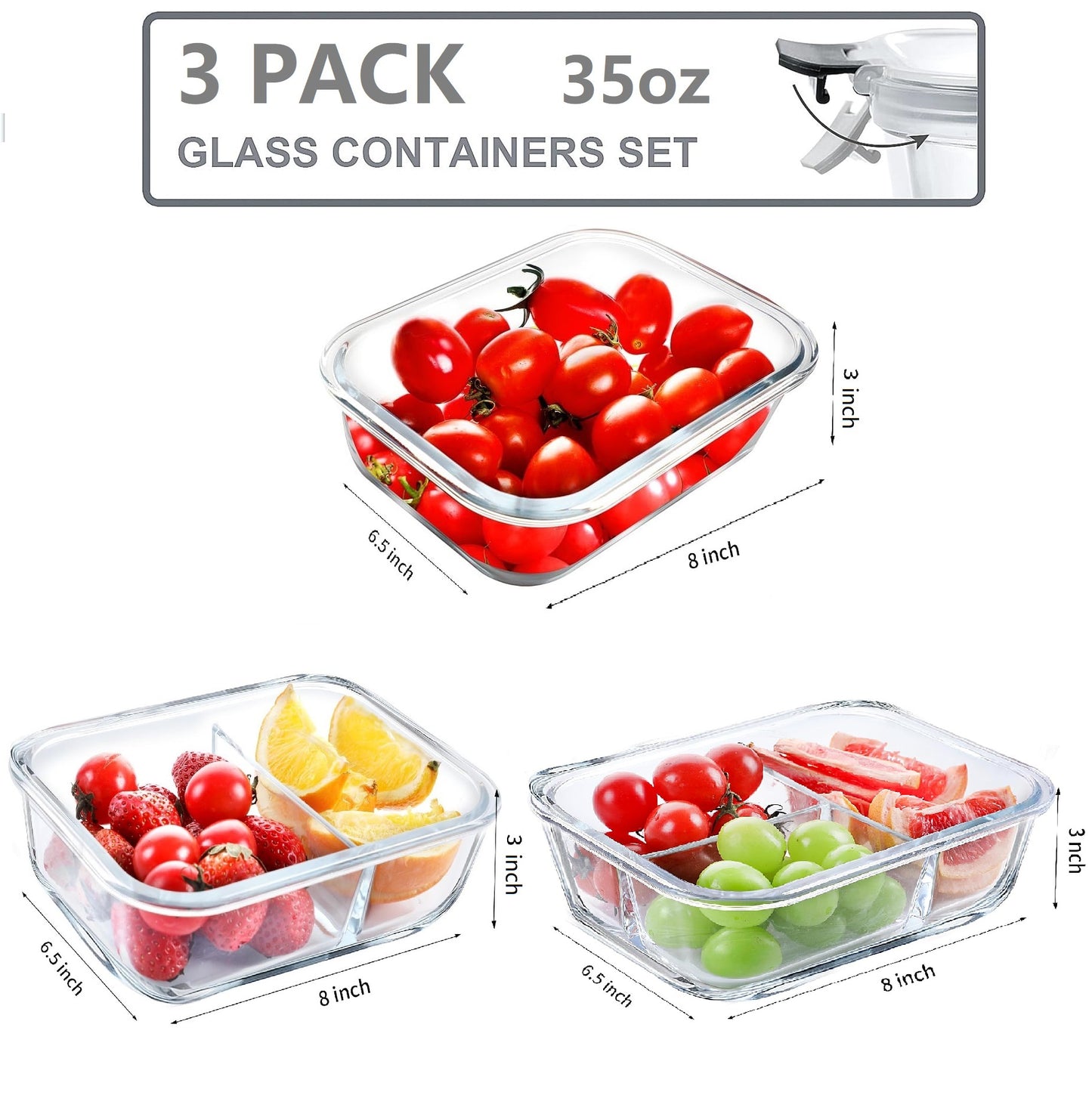 8 Pcs Glass Food Storage Containers with Lids, 2 & 3 Compartment Glass Airtight Meal Prep Containers, Oven & Freezer Safe, Kitchen Pantry Organizers and Storage, Leak Proof - Grey