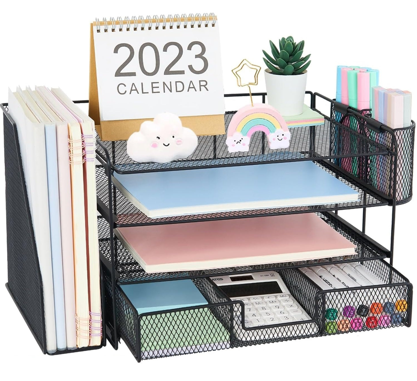 Desk Organizer and Accessories, 4-Tier Desktop File Organizer with Drawer and 2 Pen Holders, Office Desk Accessories & Workspace Organizers (Black)