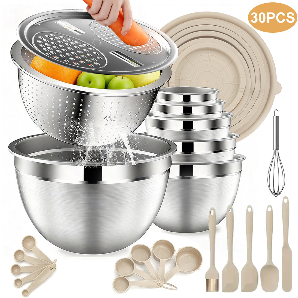 Mixing Bowls with Airtight Lids Set, 30 PCS Stainless Steel Mixing Bowls Set with Colander & Grater, Kitchen Serving Gadgets and Accesseries, Size 4.5, 3, 2.5, 2,1.5,1, 0.75 QT, Khaki
