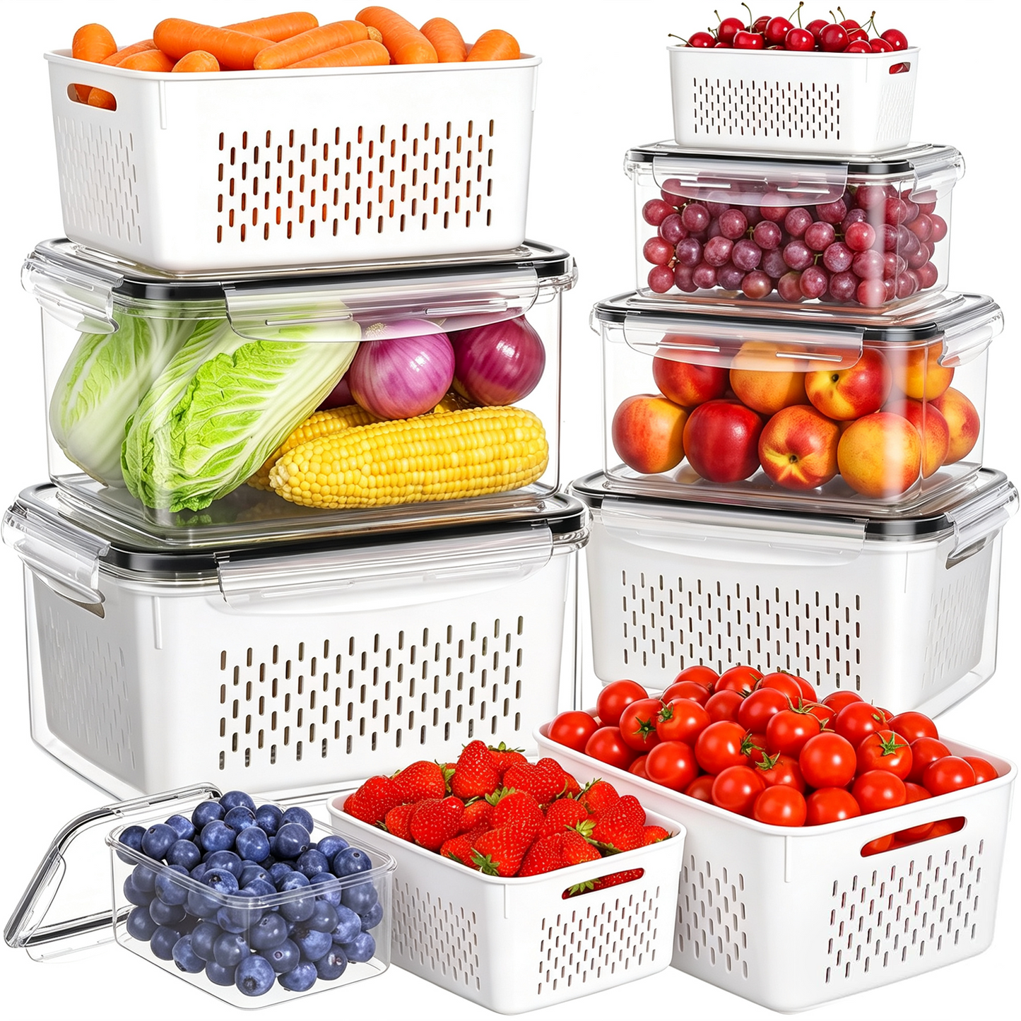 6 Pack Fruit Storage Containers for Fridge with Removable Colanders and Lids, 6 in 1 Leakproof Fridge Organizer Bins for Salad Berry Lettuce Vegetables Meat Keeper Fresh