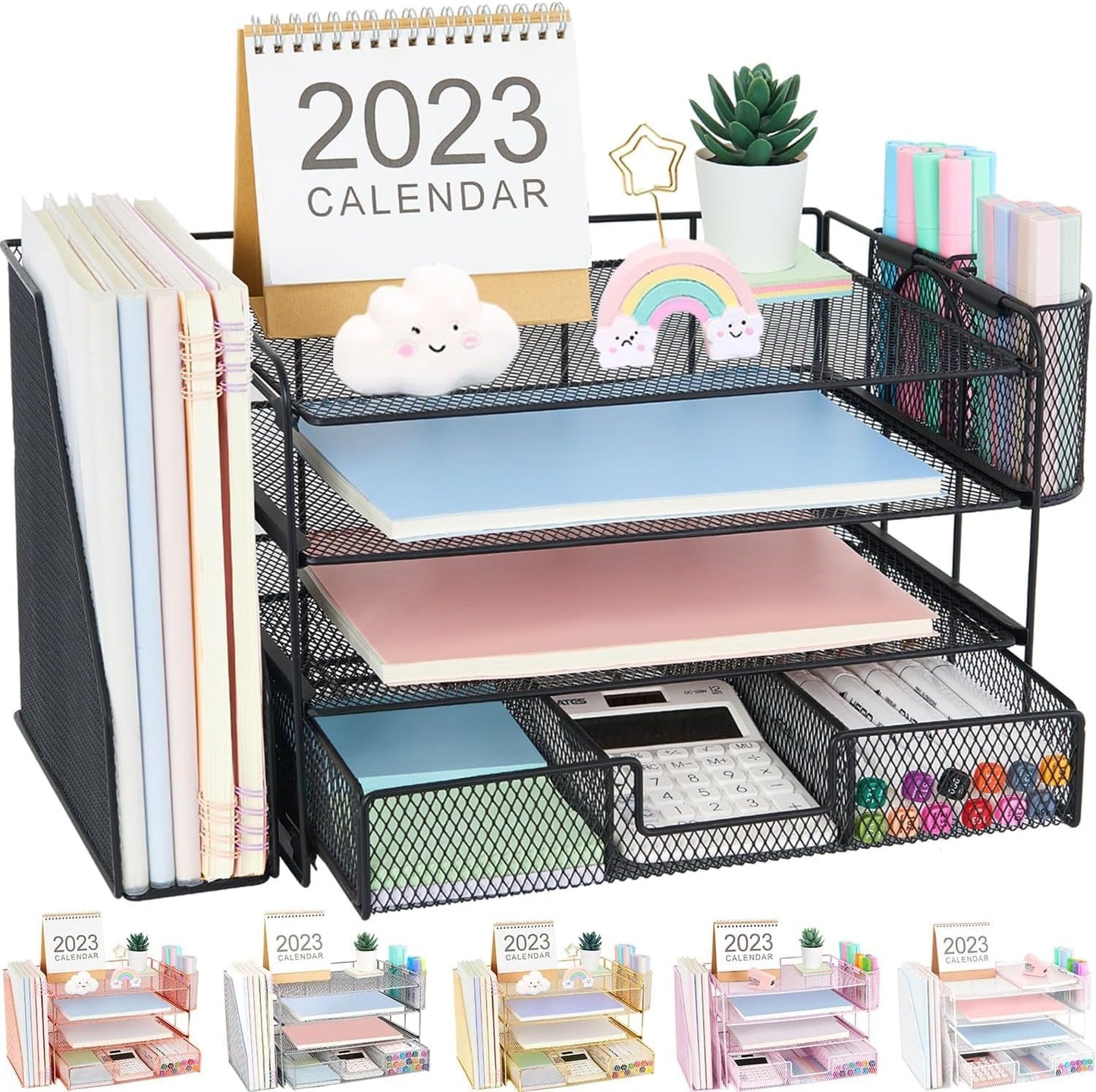 Desk Organizer and Accessories, 4-Tier Desktop File Organizer with Drawer and 2 Pen Holders, Office Desk Accessories & Workspace Organizers (Black)
