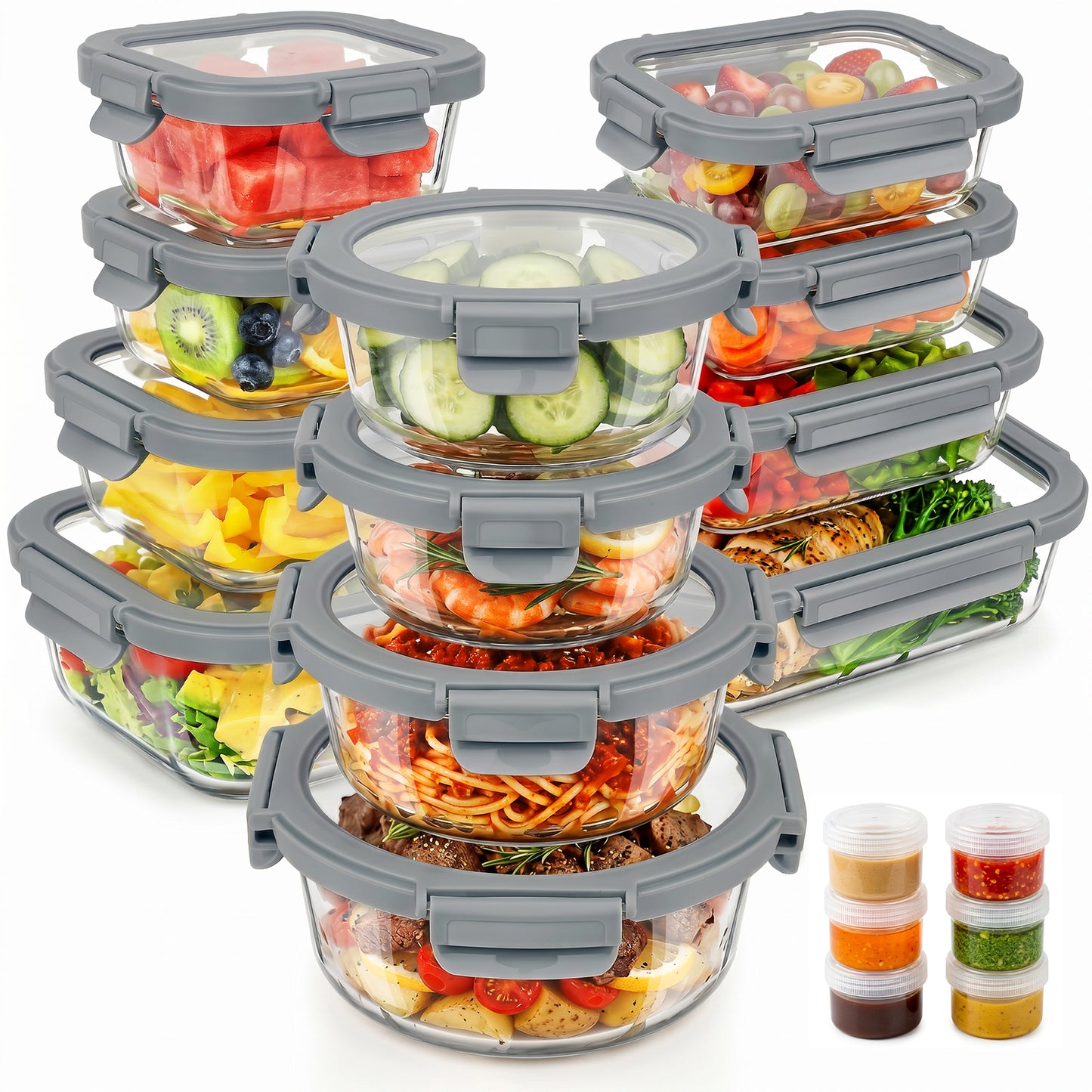 36pcs Glass Food Storage Containers with Lids Set, Airtight Meal Prep Containers (18 Containers & 18 Lids), Grey