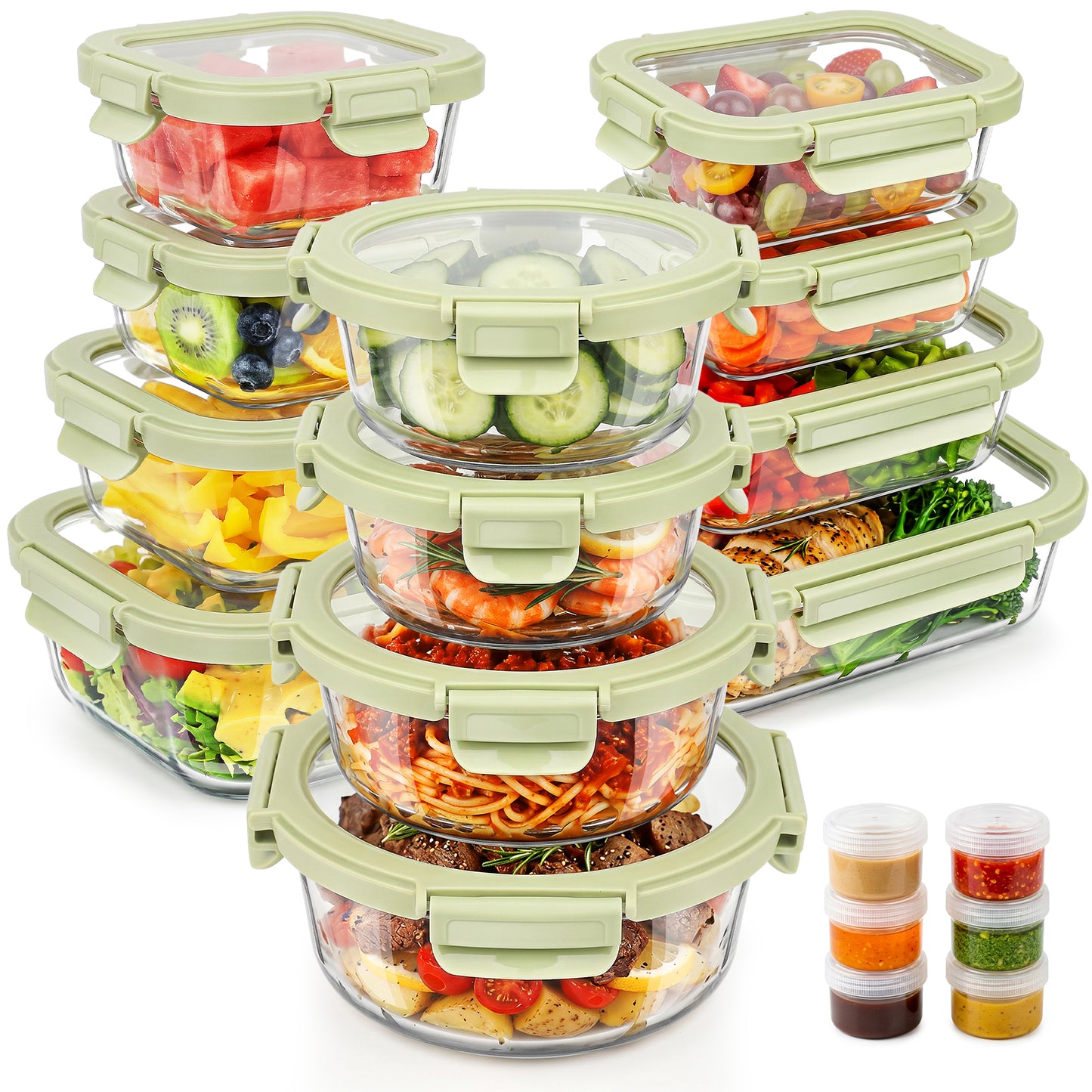 36pcs Glass Food Storage Containers with Lids Set, Airtight Meal Prep Containers (18 Containers & 18 Lids),Green