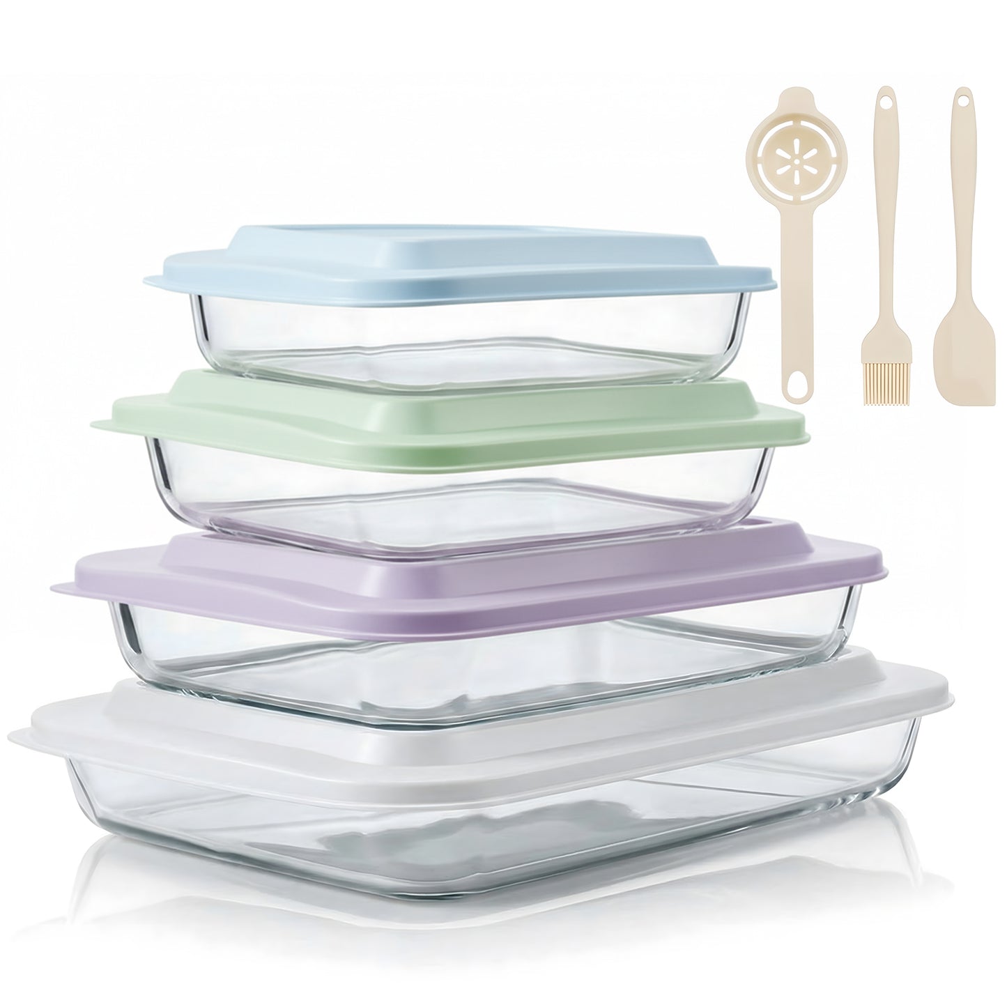 11 Pcs Deep Glass Baking Dish Set with lids/Egg Separator/Brush/Spatula, Rectangular Glass Baking Pans Bakeware Set for Lasagna, Leftovers, Cooking, Freezer-to-Oven, Multicolor