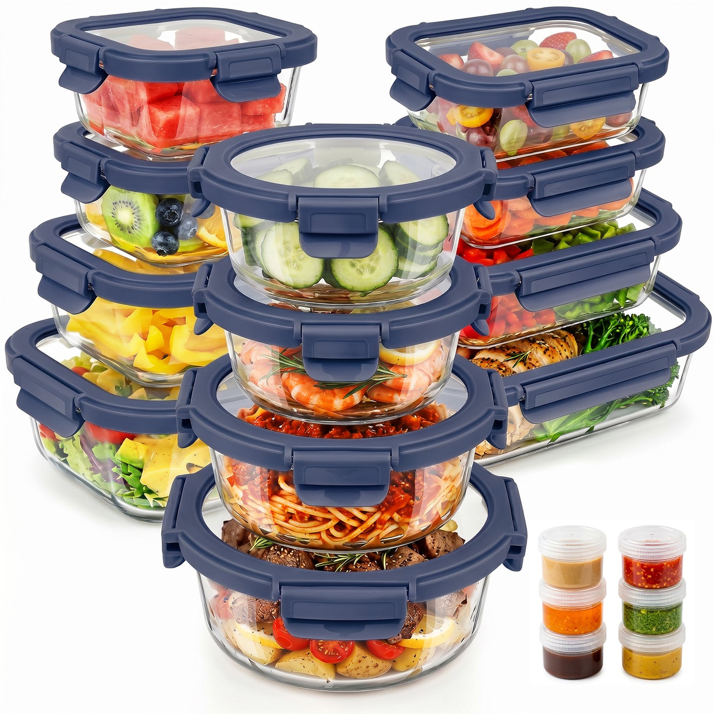 36pcs Glass Food Storage Containers with Lids Set, Airtight Meal Prep Containers (18 Containers & 18 Lids), Blue