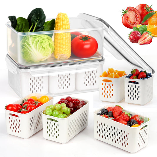 2 Pack Fruit Storage Containers for Fridge, Leakproof Fruit Containers for Fridge with Colanders, BPA-Free Produce Storage Containers with Lids Keep Fruits, Vegetables, Berry, Meat Fresh Longer