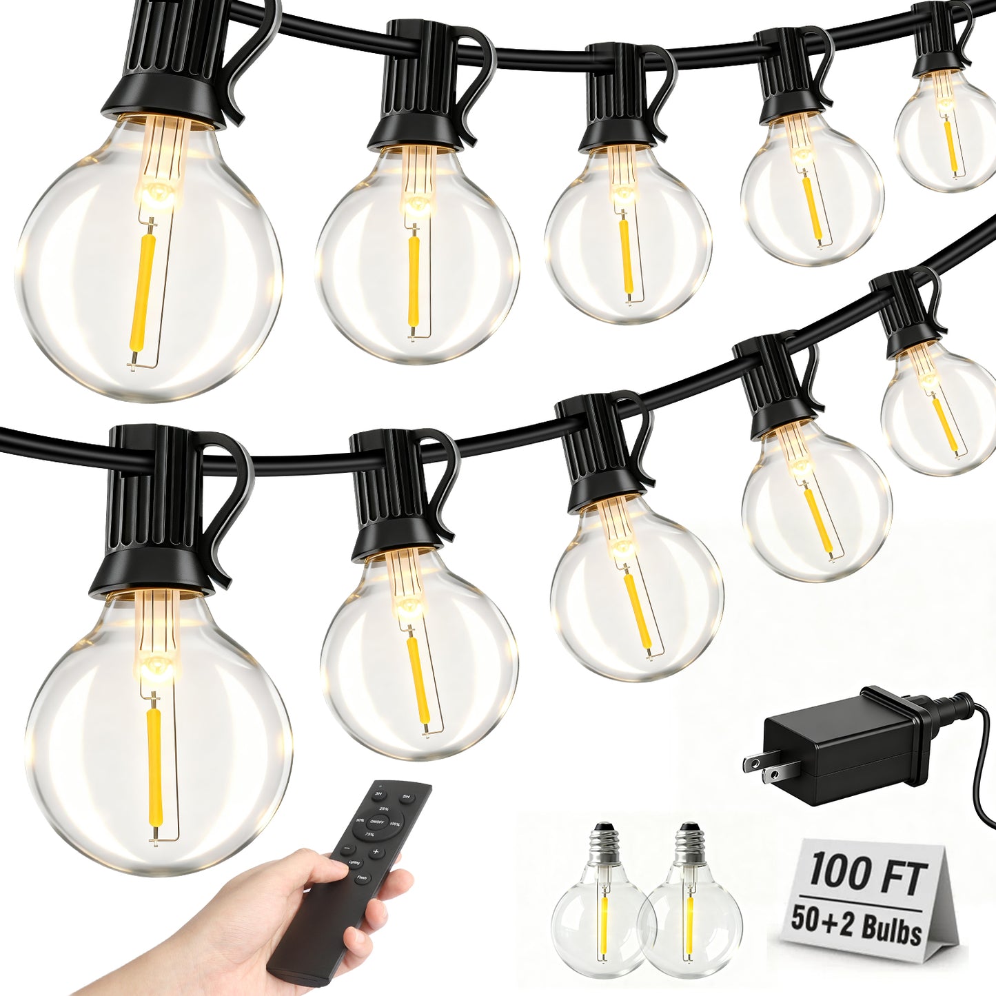 Mibote Outdoor String Lights, 100FT 50 G40 Bulbs Shatterproof Patio Lights,Waterproof,Dimmable ,Remote Control for Patio Garden