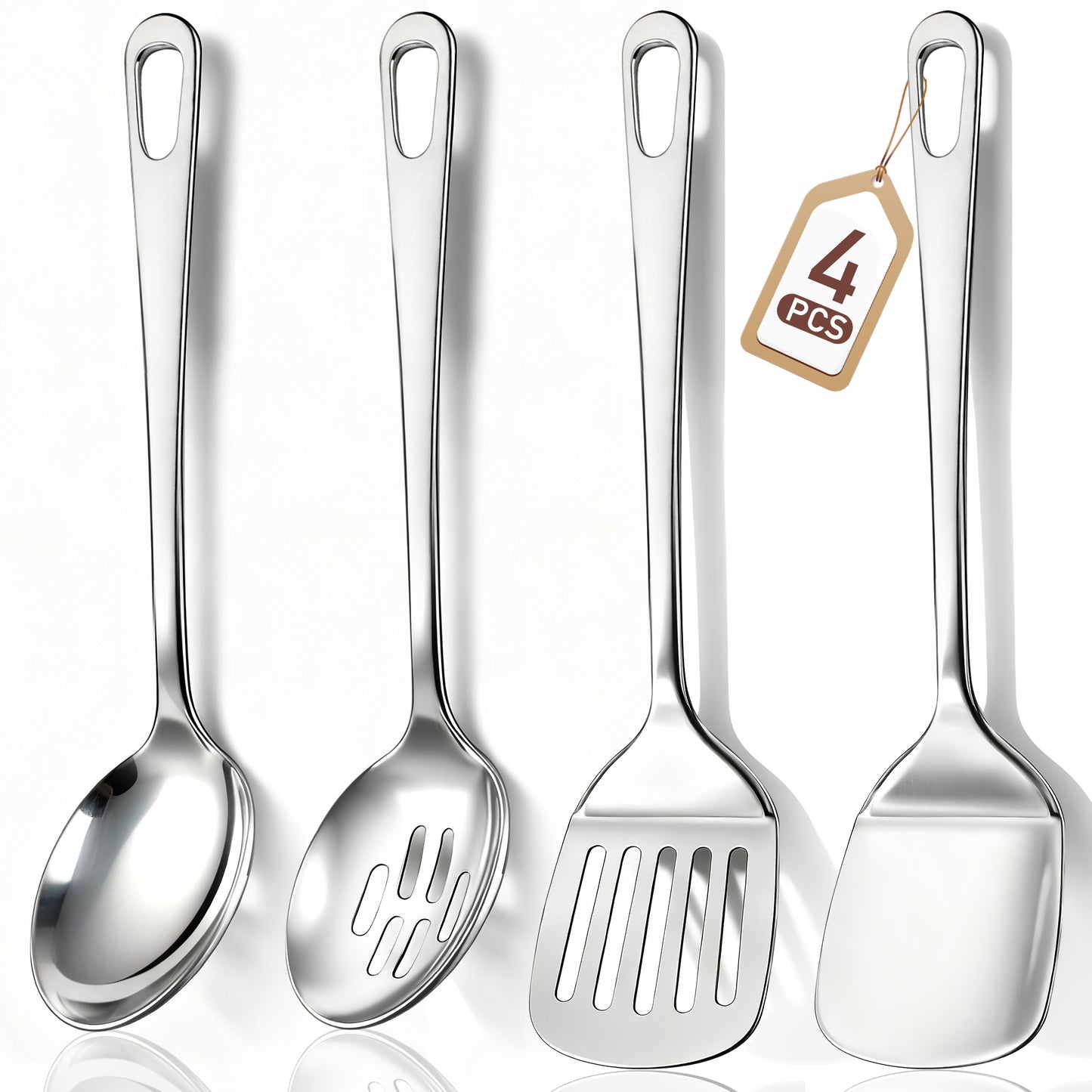 4 Pcs Cooking Utensils Set, TAIMASI Stainless Steel Kitchen Utensils, Kitchen Tools Set Include Solid & Slotted Turner Wok Spatula, Serving Spoon, Home Essentials Kitchen Gadgets Accessories