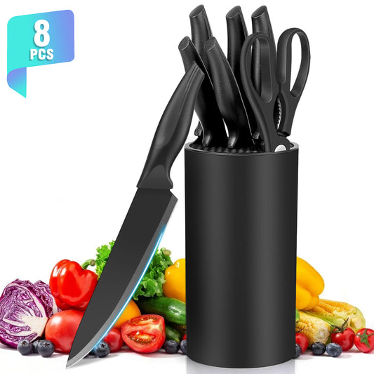 8-Piece Knife Set, AOKIWO Stainless Steel Professional Kitchen Knife Set for Chef, Kitchen Knives Set with Block, Dishwasher Safe (Black)