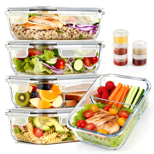 20 Pcs Glass Food Storage Containers with Lids, 1 & 2 Compartment Glass Airtight Meal Prep Containers with Sauce Containers(10 Containers & 10 Lids), Oven & Freezer Safe, Leak Proof, Grey