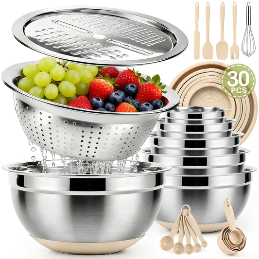 30 PCS Stainless Steel Mixing Bowls Set with Airtight Lids, Non-Slip Silicone Bottom, Colander & Grater, Kitchen Serving Gadgets, Sizes 4.5, 3, 2.5, 2, 1.5, 1, 0.75 QT