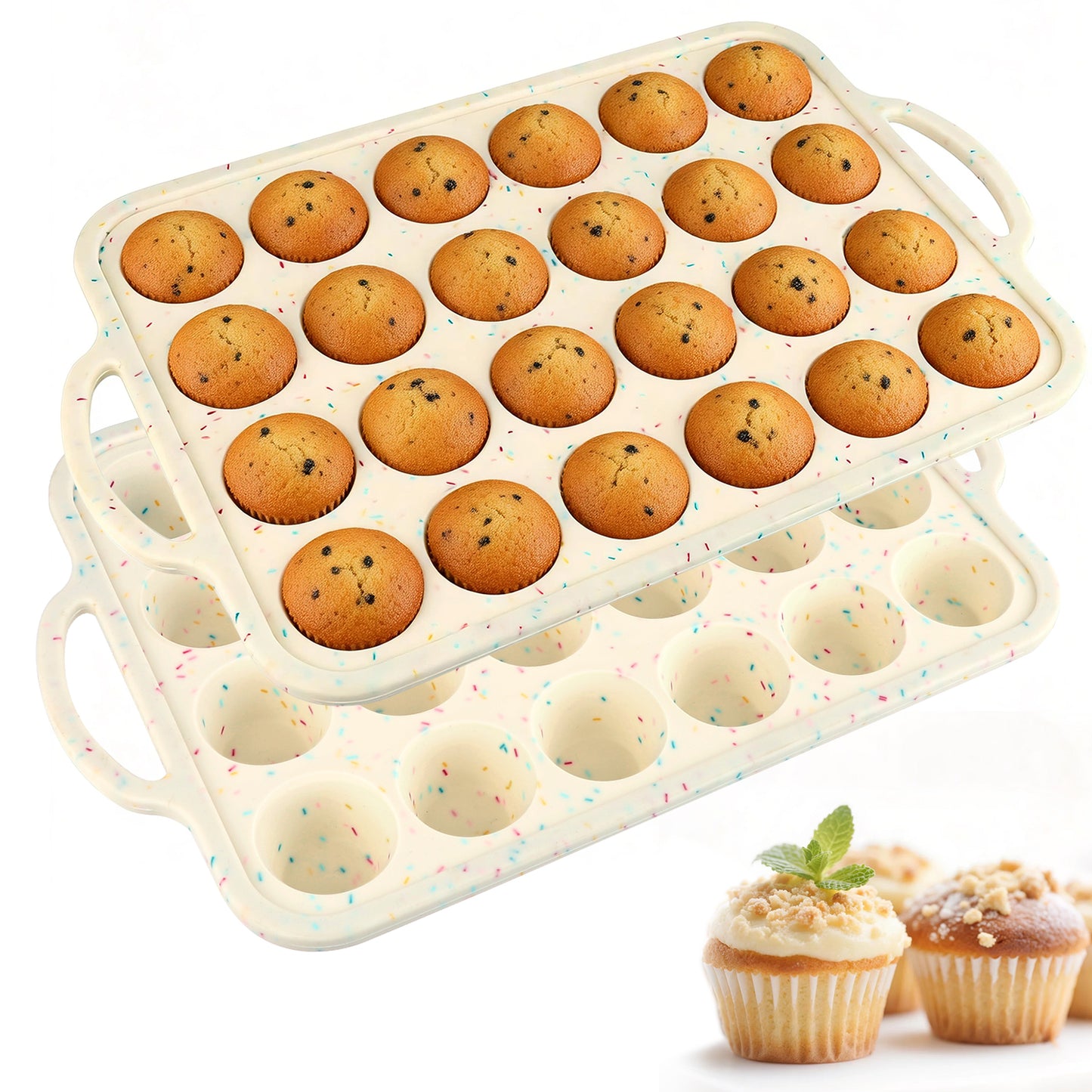 2 PCS Mini Silicone Muffin Pans for Baking, AOKIWO 24 Cups Silicone Cupcake Pan with Metal Reinforced Frame, Nonstick Baking Pan Molds for Homemade Muffins