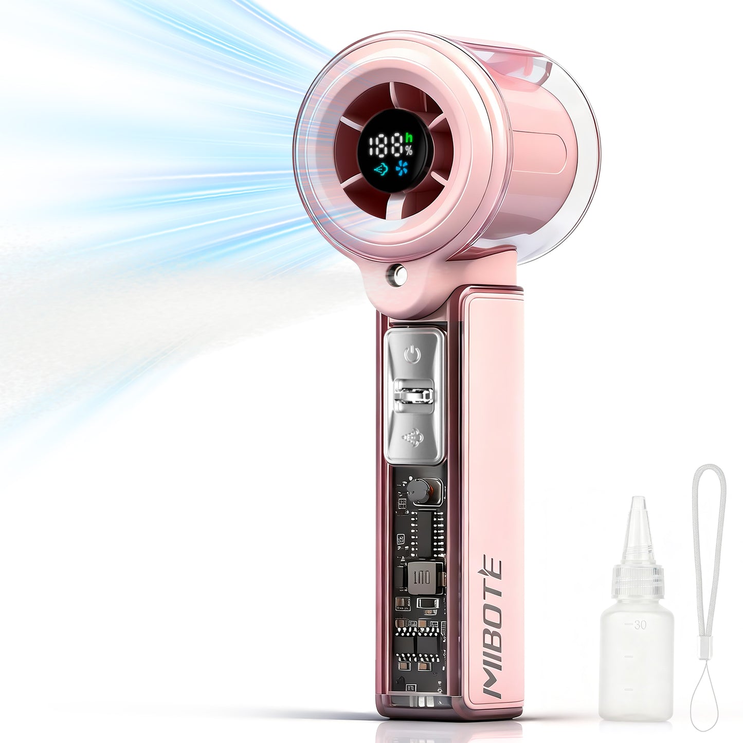 MIBOTE Handheld Rechargeable Misting Fan with Digital Display, 30ml Water Tank, Multiple Speeds, Portable for Outdoor and Travel –Pink