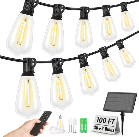 100FT Solar String Lights Outdoor Waterproof, Patio Lights with Remote Control & 30+2 Dimmable ST38 Edison Bulbs Shatterproof,Solar Powered String Lights for Outside Garden Backyard