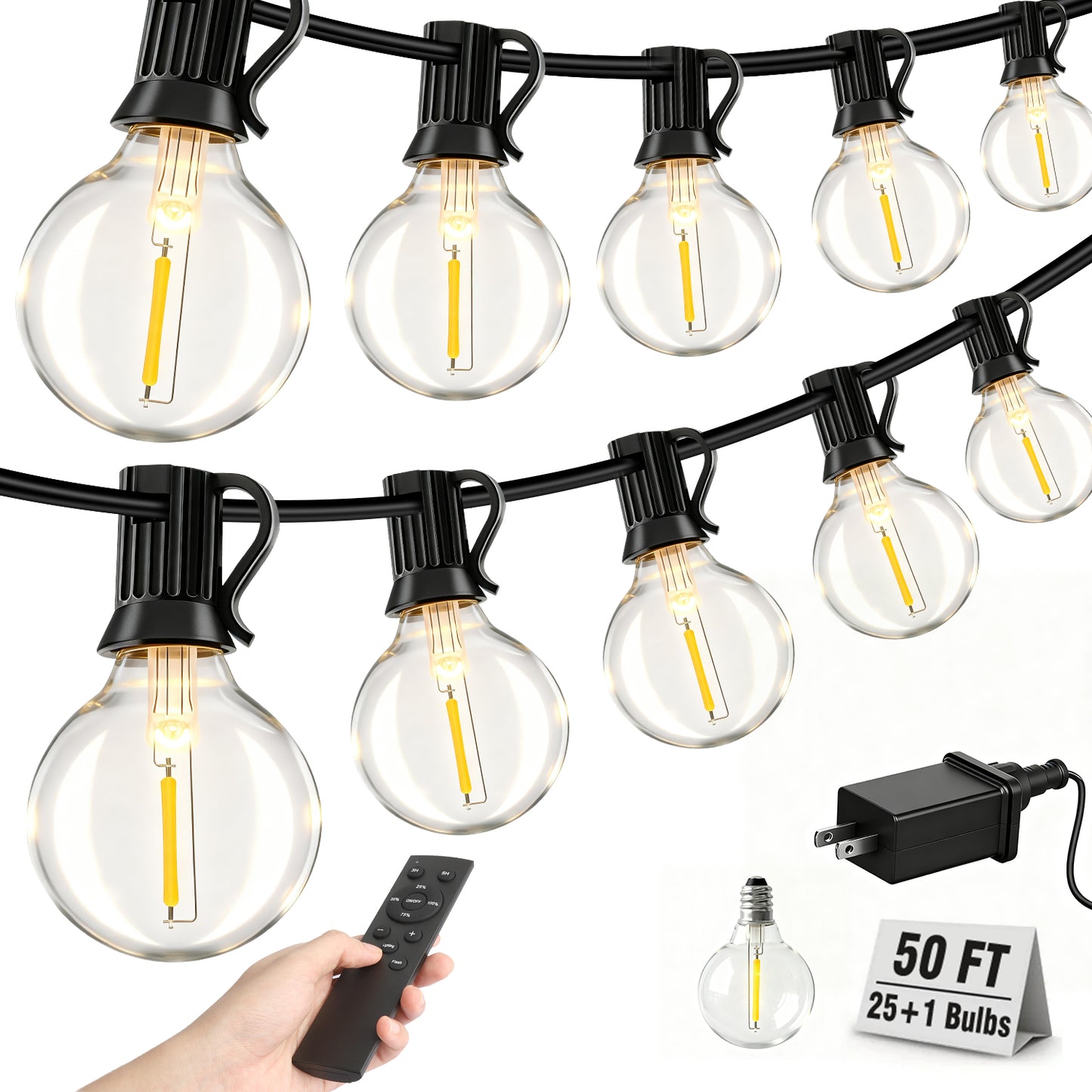 Mibote Outdoor String Lights, 50FT 25 G40 Bulbs Shatterproof Patio Lights,Waterproof,Dimmable ,Remote Control for Patio Garden