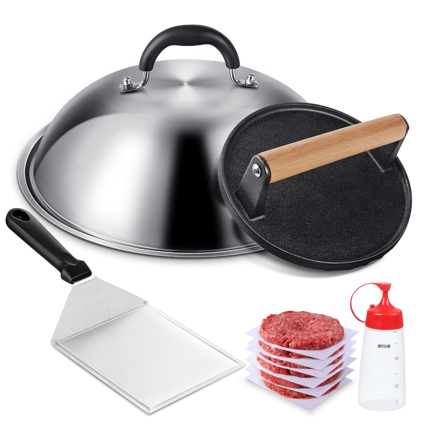 Griddle Accessories Smash Burger Kit (5Pcs), 12inch Heavy Duty Round Dome & Bacon Press Set, with Hamburger Spatula, Patty Papers, and Squeeze Bottle Perfect for Hamburger, Bacon, Meat