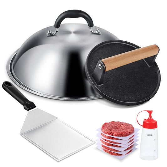Griddle Accessories Smash Burger Kit (5Pcs), 12inch Heavy Duty Round Dome & Bacon Press Set, with Hamburger Spatula, Patty Papers, and Squeeze Bottle Perfect for Hamburger, Bacon, Meat