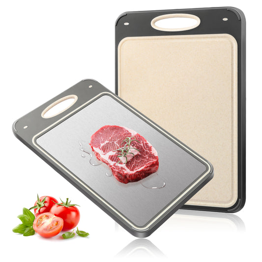 Cutting Board for Kitchen, AOKIWO Double Sided 304 Stainless Steel & Wheat Straw Chopping Board, Small 14'' ×9.6'' Non Toxic Cutting Boards for Meat Vegetables, Easy to Clean