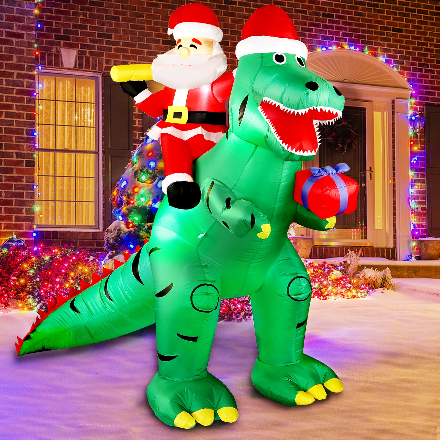 7FT Christmas Inflatable Decorations Clearance, Giant Xmas Santa Dinosaur Blow Up LED Light Up Indoor Outdoor Yard Decorations with Gift Box, Holiday Xmas Party Patio Garden Lawn New Year Kids Gifts